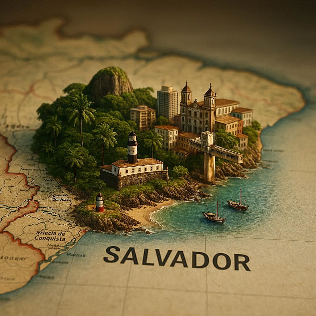 A realistic map of Brazil on a surface, with the city's name, Salvador, clearly visible. Emerging from the map is a highly detailed miniature landscape representing Salvador, with iconic natural features, city architecture, and cultural elements that stand out from the paper like a 3D diorama. Details of soft studio lighting and cinematic composition. 4:5 square format.